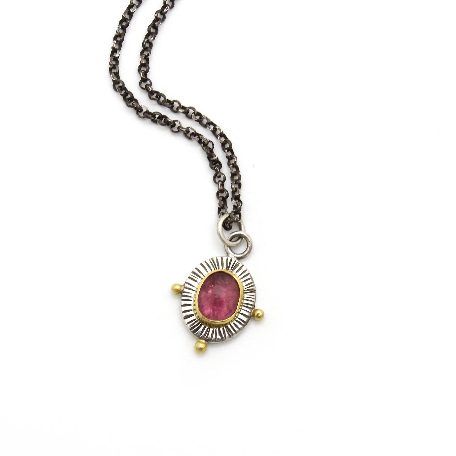 JC-23 Pink Tourmaline Necklace, sterling silver, 18k gold and 22k